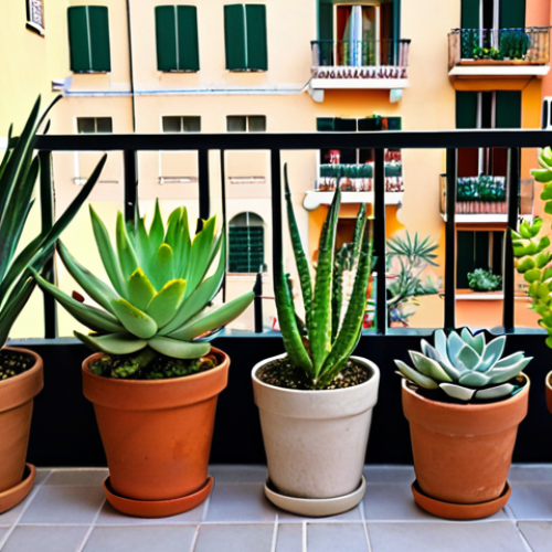 Home 4 **Image Prompt:** A sunny Italian balcony garden overflowing with easy-to-grow plants: succulents (Echeveria, Aloe Vera, Sedum), basil, rosemary, and mint. Focus on vibrant colors and a sense of effortless beauty.